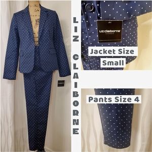 NEW Liz Claiborne Jacket Size Small- Pants Size 4- Polkadot Navy Blue White Suit
